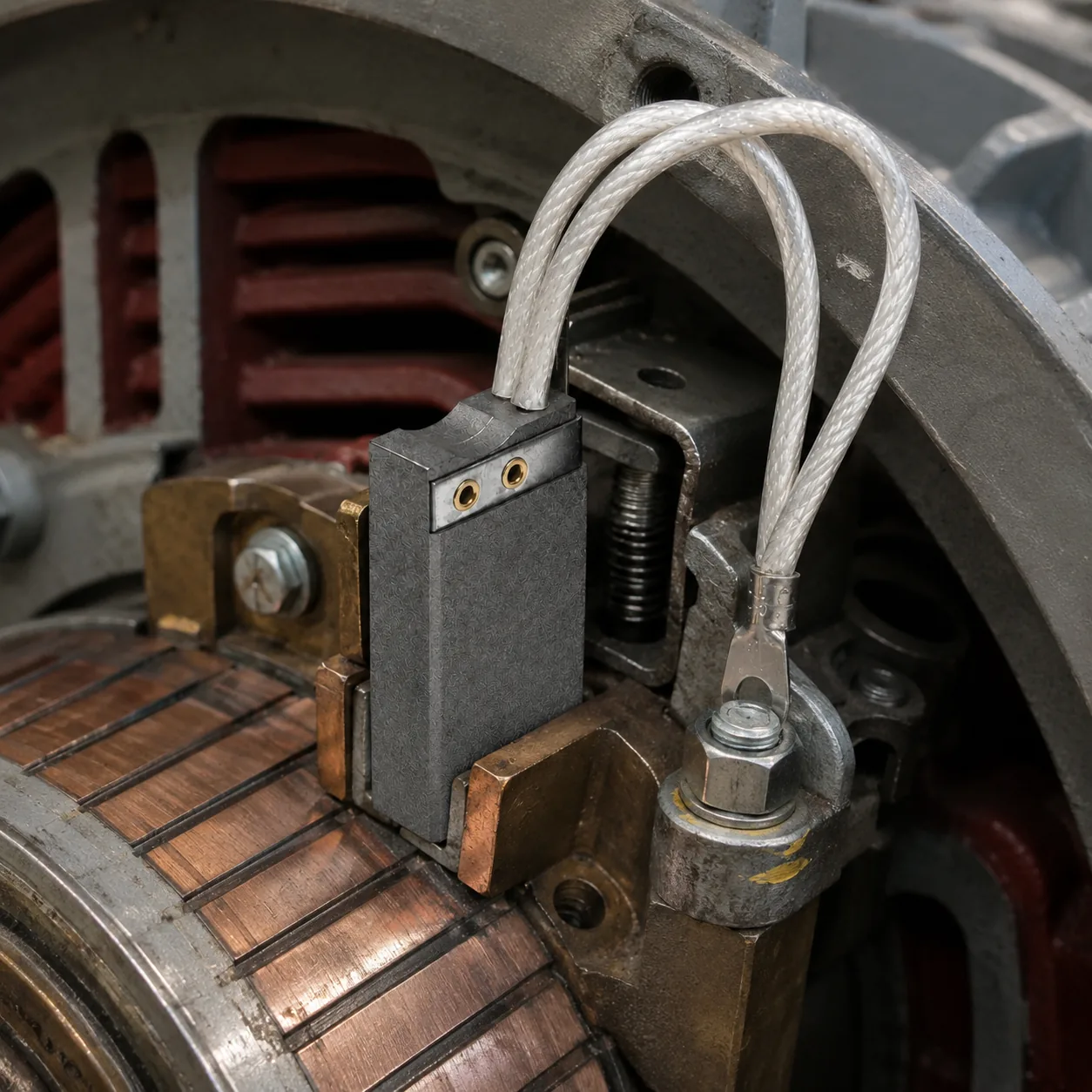 How a carbon brush transfers electrical current in a motor