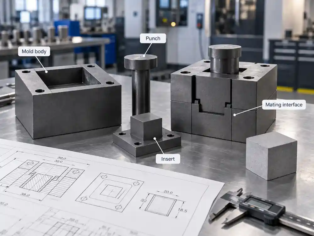 Simplified tooling relationship schematic showing mold body, punch, and insert