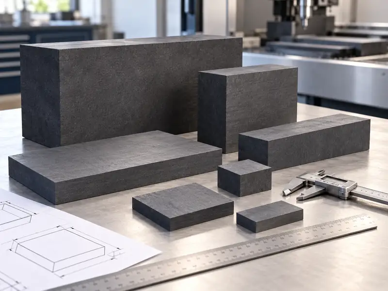 Measuring length width and thickness of a cut to size graphite block