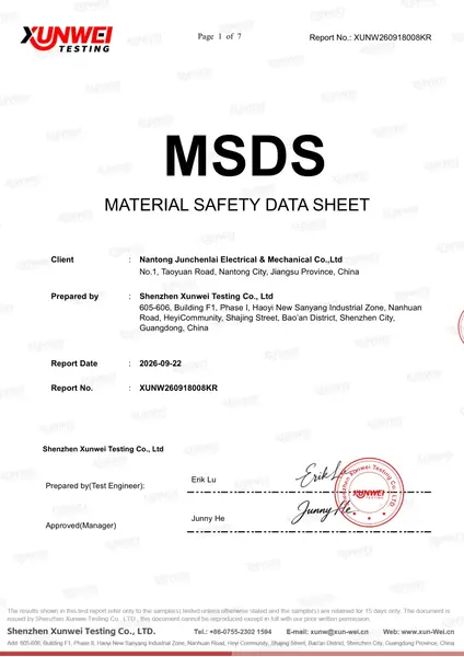 Material Safety Data Sheet prepared for Nantong Junchenlai Electrical and Mechanical Co., Ltd.