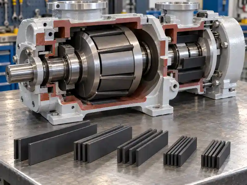 Carbon vane set for a combined vacuum and pressure dry pump system
