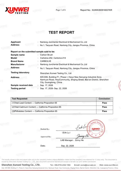 California Proposition 65 test report for CARBOLVE Carbon Brush models Carbolve-252 and Carbolve-214
