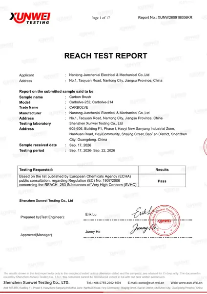 REACH test report for CARBOLVE Carbon Brush models Carbolve-252 and Carbolve-214