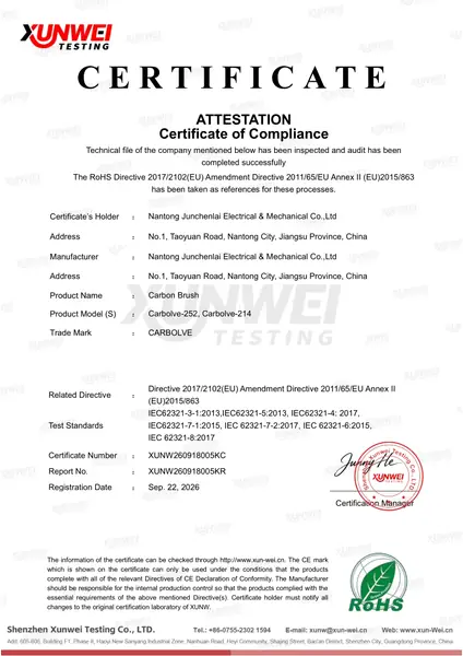 RoHS Certificate of Compliance for CARBOLVE Carbon Brush models Carbolve-252 and Carbolve-214